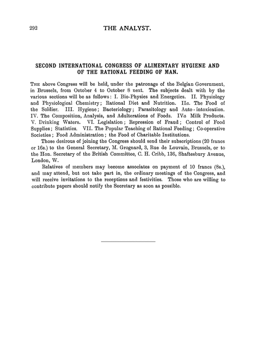 Second International Congress of Alimentary Hygiene and of the Rational Feeding of Man