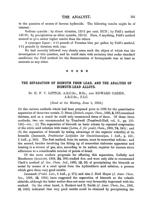 The separation of bismuth from lead, and the analysis of bismuth-lead alloys