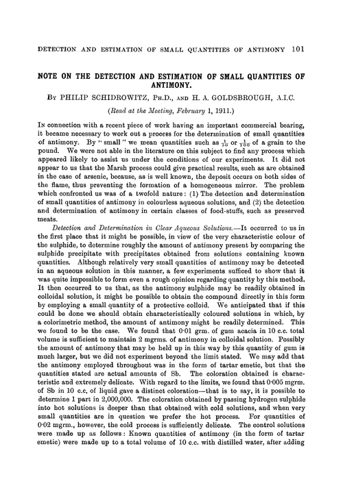 Note on the detection and estimation of small quantities of antimony