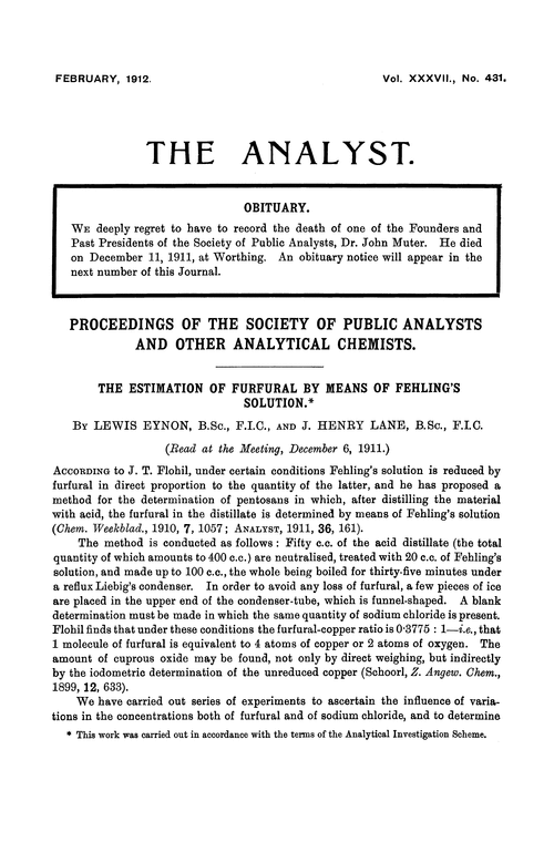 The estimation of furfural by means of Fehling's solution