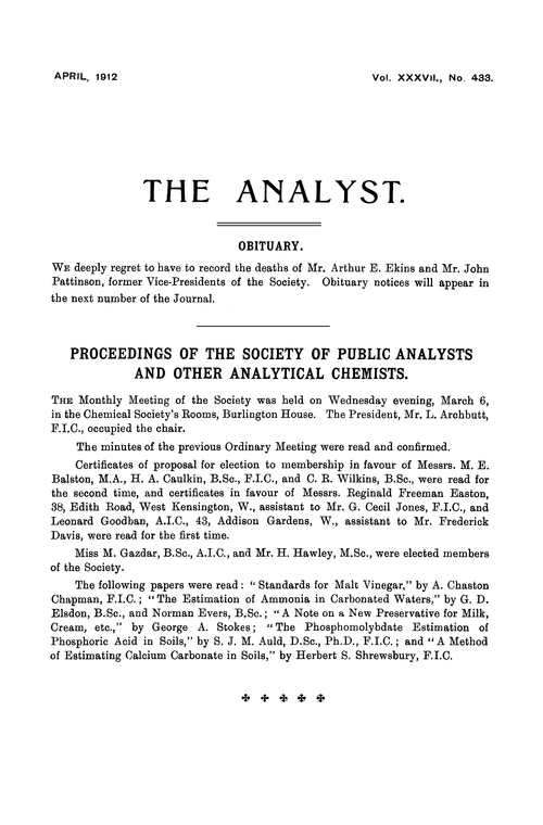 Proceedings of the Society of Public Analysts and other Analytical Chemists