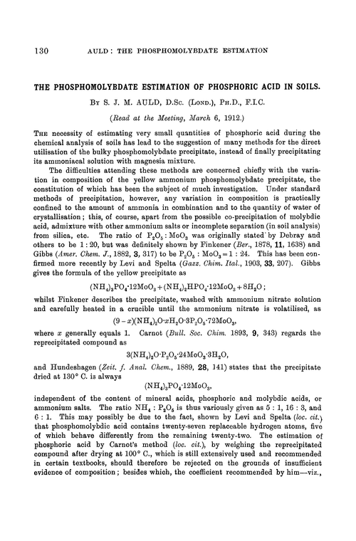 The phosphomolybdate estimation of phosphoric acid in soils