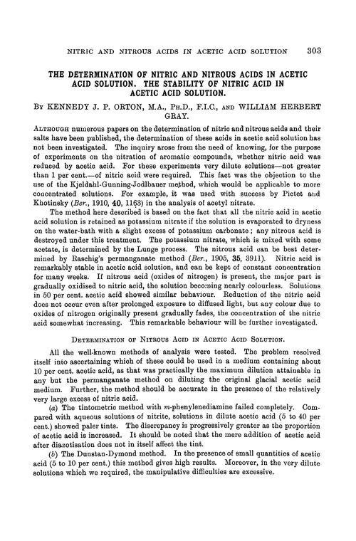 The determination of nitric and nitrous acids in acetic acid solution. The stability of nitric acid in acetic acid solution