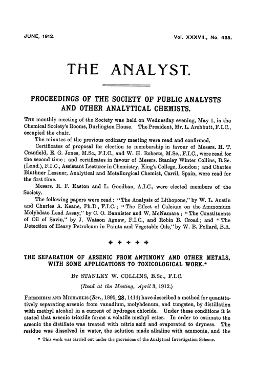 The separation of arsenic from antimony and other metals, with some applications to toxicological work