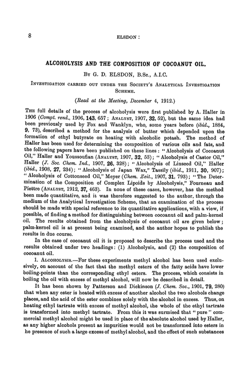 Alcoholysis and the composition of cocoanut oil