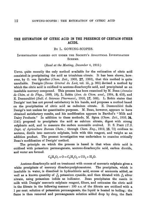 The estimation of citric acid in the presence of certain other acids