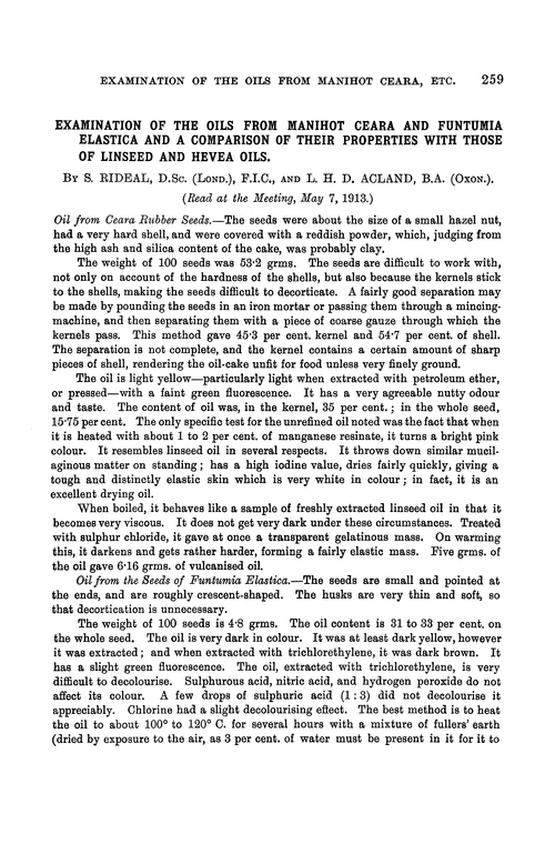 Examination of the oils from Manihot Ceara and Funtumia Elastica and a comparison of their properties with those of linseed and Hevea oils