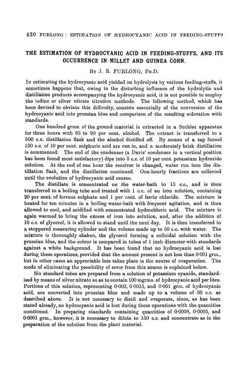 The estimation of hydrocyanic acid in feeding-stuffs, and its occurrence in millet and Guinea corn