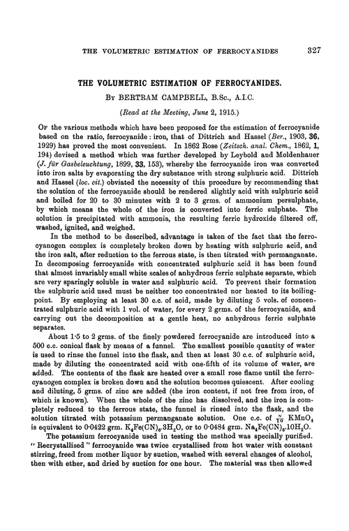 The volumetric estimation of ferrocyanides