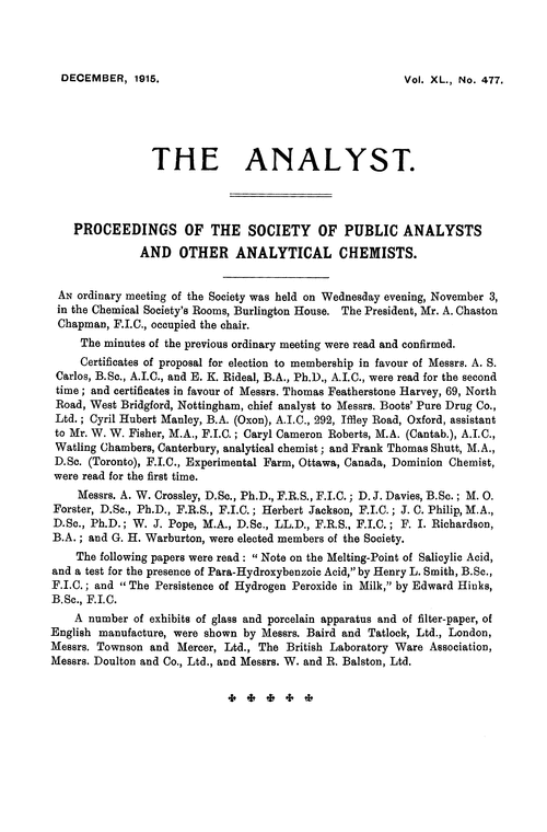 Proceedings of the Society of Public Analysts and other Analytical Chemists