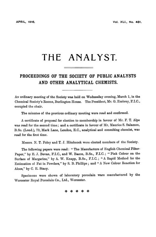 Proceedings of the Society of Public Analysts and other Analytical Chemists