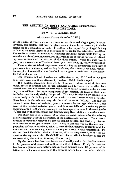 The analysis of honey and other substances containing lævulose