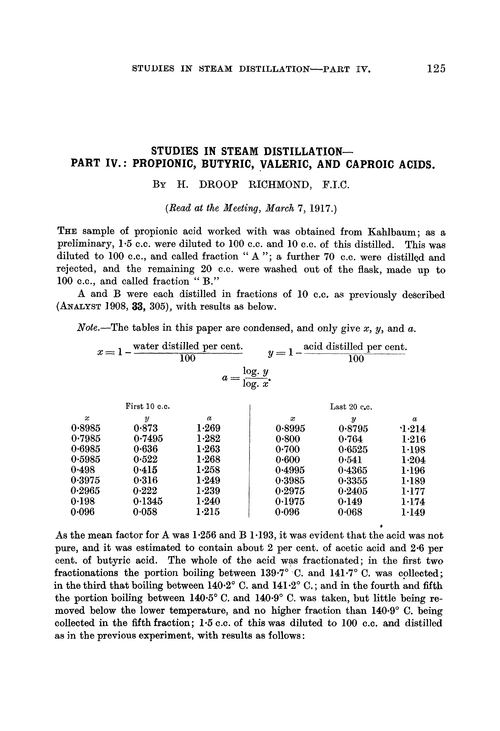 Studies in steam distillation—part IV.: propionic, butyric, valeric, and caproic acids