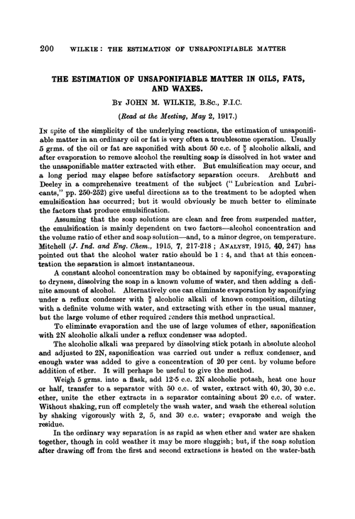 The estimation of unsaponifiable matter in oils, fats, and waxes