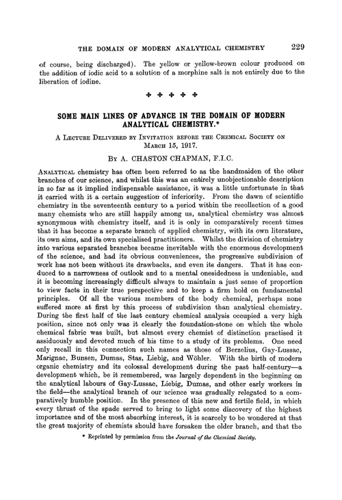 Some main lines of advance in the domain of modern analytical chemistry. A lecture delivered by invitation before the Chemical Society on March 15, 1917