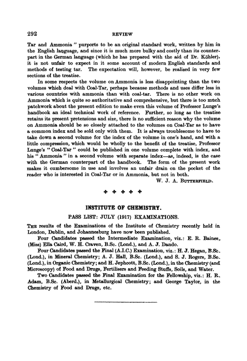 Institute of Chemistry. Pass list: July (1917) Examinations