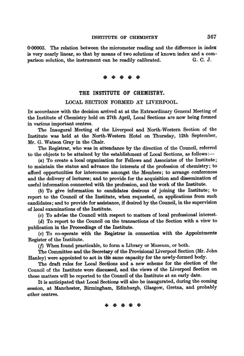 The Institute of Chemistry. Local section formed at Liverpool