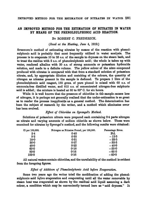 An improved method for the estimation of nitrates in water by means of the phenolsulphonic acid reaction