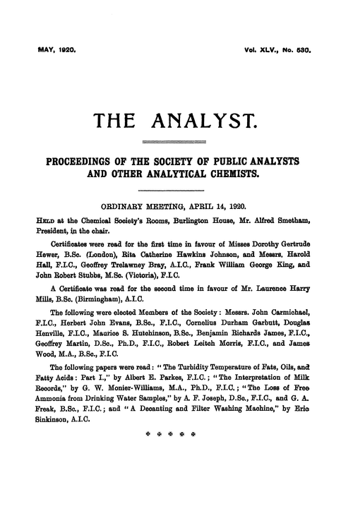 Proceedings of the Society of Public Analysts and other Analytical Chemists