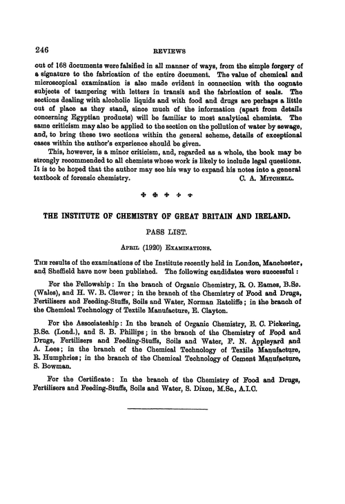 The Institute of Chemistry of Great Britain and Ireland. Pass list. April (1920) examinations