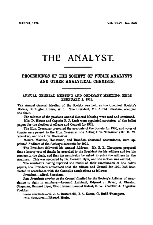 Proceedings of the Society of Public Analysts and other Analytical Chemists