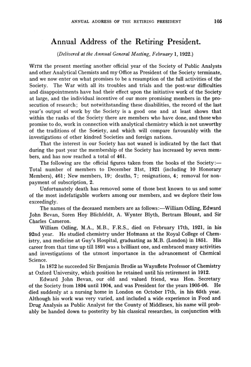 Annual address of the Retiring President