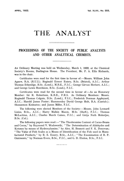 Proceedings of the Society of Public Analysts and other Analytical Chemists
