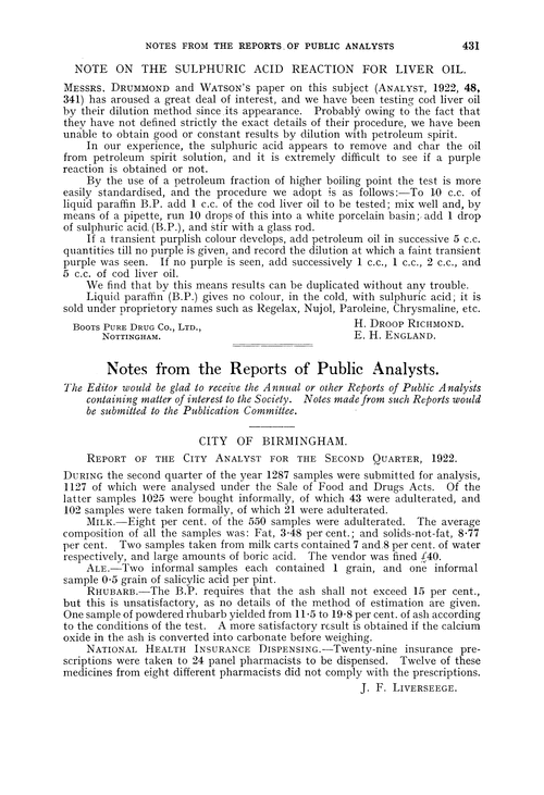 Notes from the Reports of Public Analysts