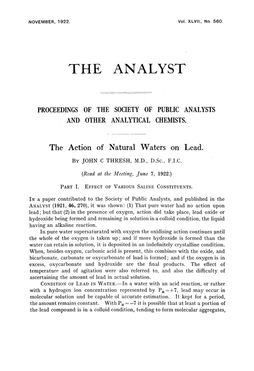 The action of natural waters on lead