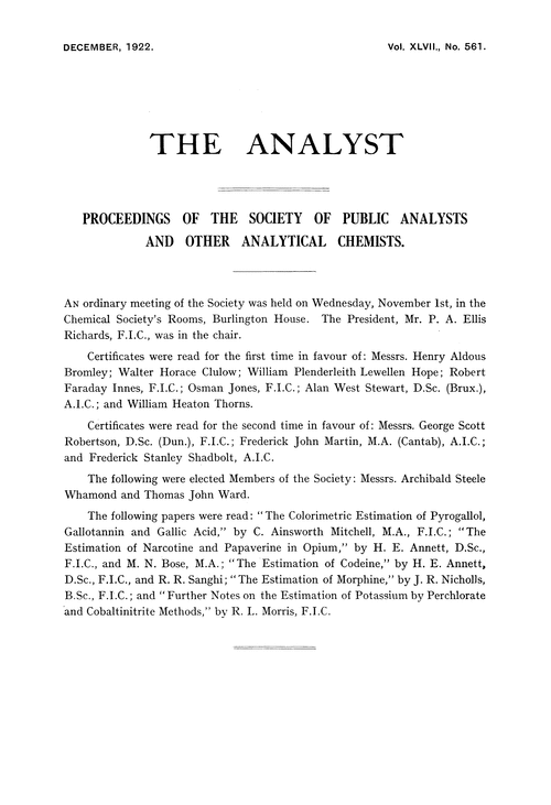Proceedings of the Society of Public Analysts and other Analytical Chemists