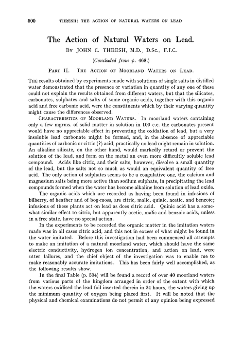 The action of natural waters on lead