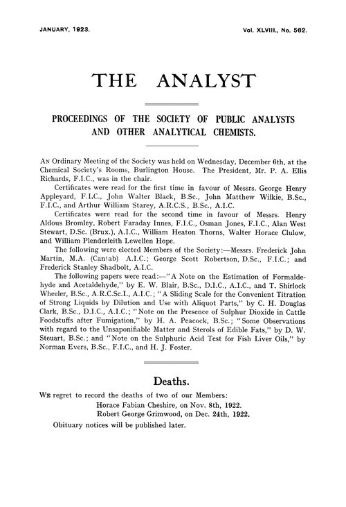 Proceedings of the Society of Public Analysts and other Analytical Chemists