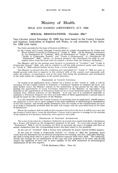 Ministry of Health. Milk and Dairies (Amendment) Act, 1922. Special designations. Circular 356