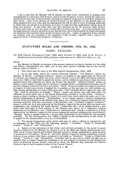 Ministry of Health. Statutory rules and orders, 1922, No. 1332. Dairy, England