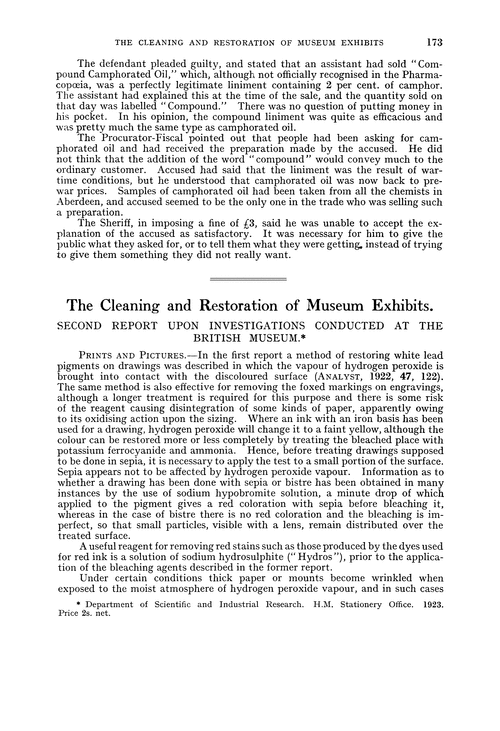 The cleaning and restoration of museum exhibits. Second Report upon investigations conducted at the British Museum