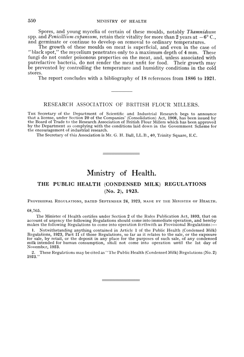 Ministry of Health. The Public Health (Condensed Milk) Regulations (No. 2), 1923