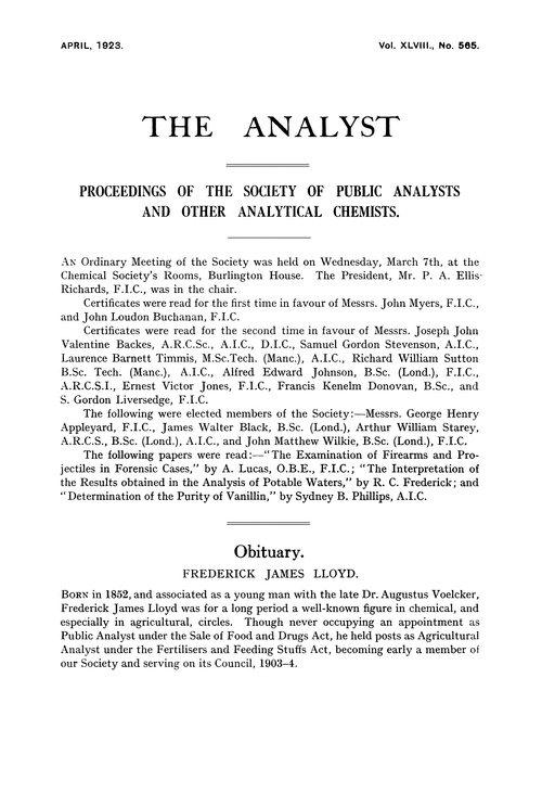 Proceedings of the Society of Public Analysts and other Analytical Chemists