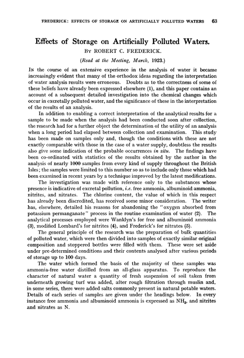 Effects of storage on artificially polluted waters