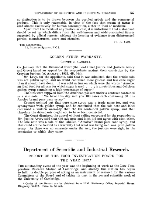 Department of Scientific and Industrial Research. Report of the Food Investigation Board for the year 1922