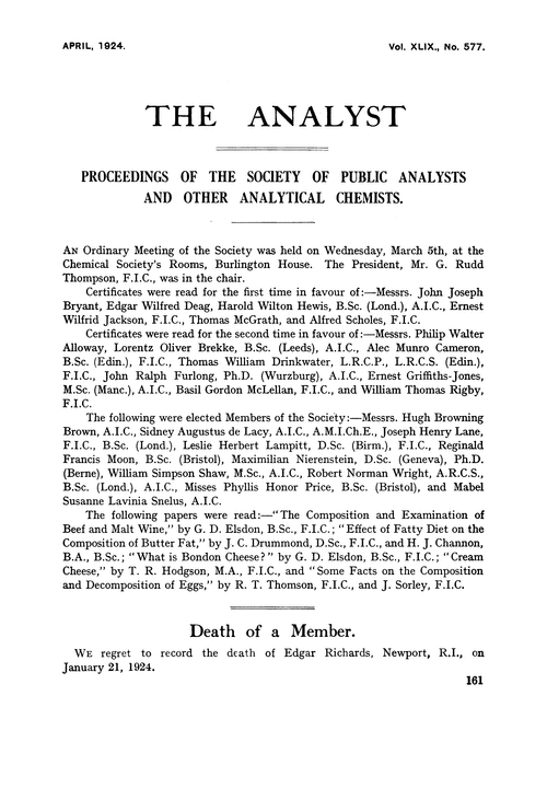 Proceedings of the Society of Public Analysts and other Analytical Chemists