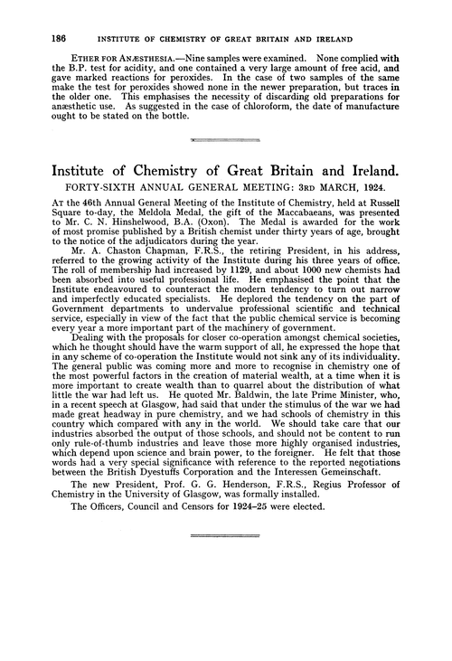 Institute of Chemistry of Great Britain and Ireland. Forty-sixth Annual General Meeting: 3rd March, 1924
