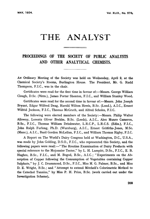 Proceedings of the Society of Public Analysts and other Analytical Chemists