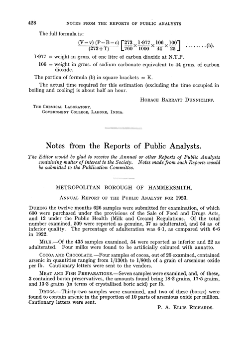 Notes from the Reports of Public Analysts