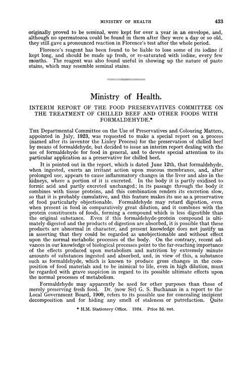 Ministry of Health. Interim report of the Food Preservatives Committee on the treatment of chilled beef and other foods with formaldehyde