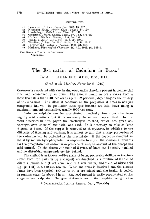 The estimation of cadmium in brass