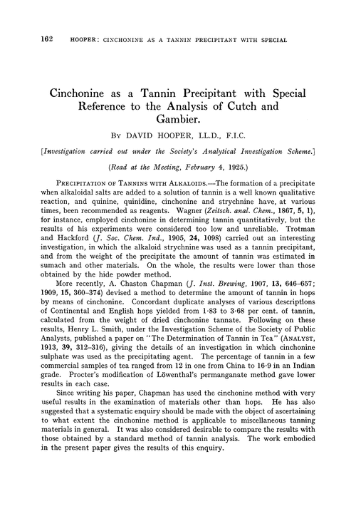 Cinchonine as a tannin precipitant with special reference to the analysis of cutch and gambier