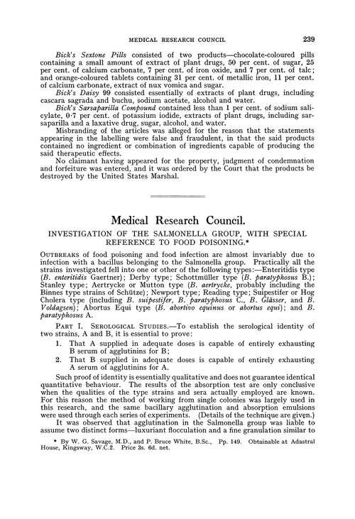 Medical Research Council. Investigation of the Salmonella Group, with special reference to food poisoning