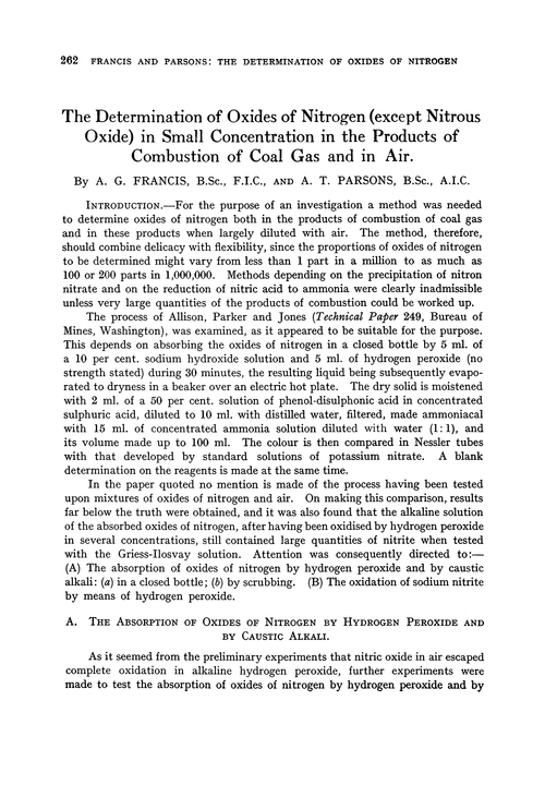 The determination of oxides of nitrogen (except nitrous oxide) in small concentration in the products of combustion of coal gas and in air