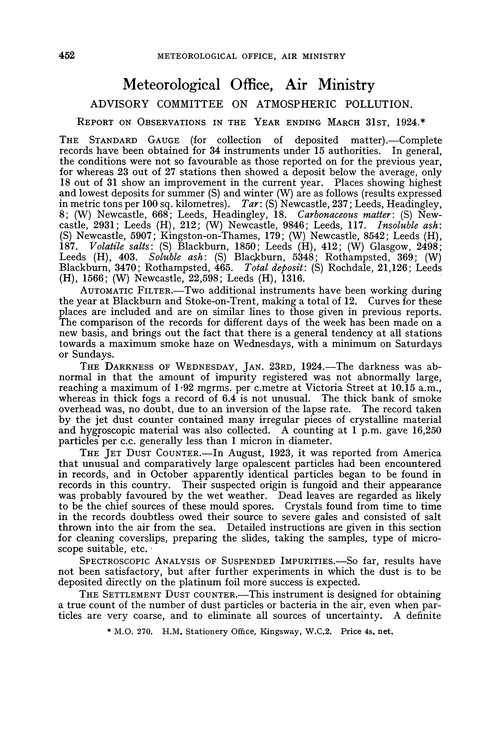 Meteorological Office, Air Ministry. Advisory Committee on Atmospheric Pollution