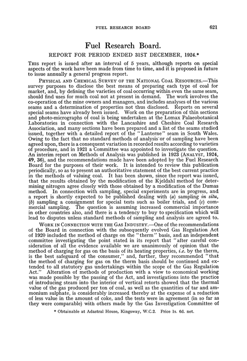 Fuel Research Board. Report for period ended 31st December, 1924